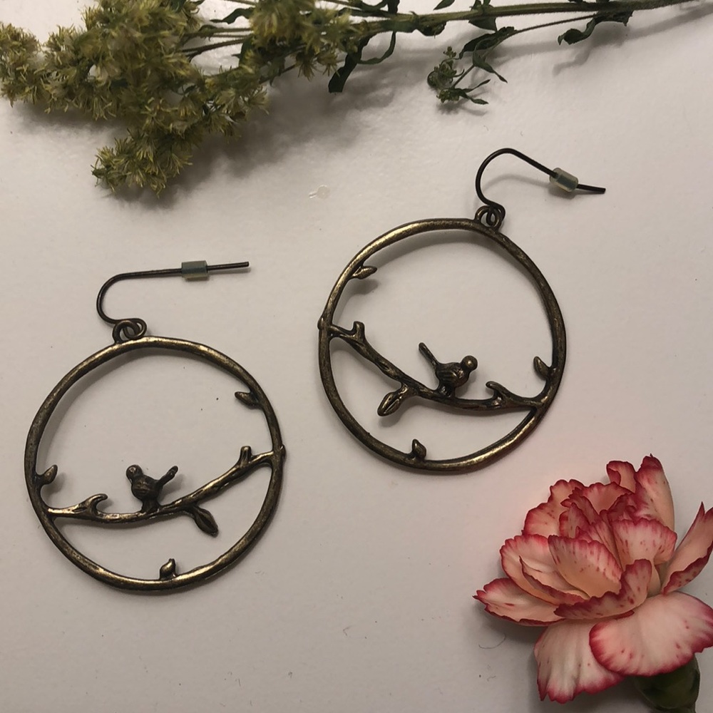 Bird on a branch hoop earrings
